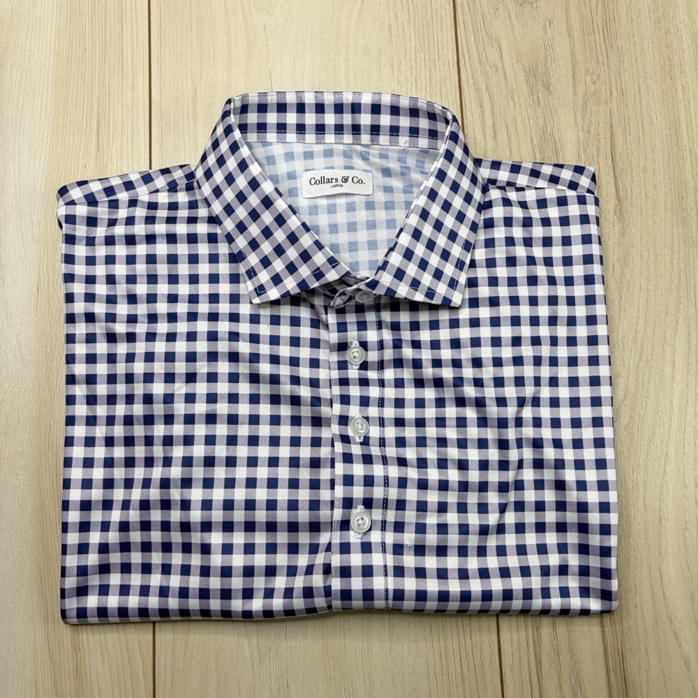 Collars & Co. Men's Dress Collar Polo Gingham Check Shirt Size Large White Blue